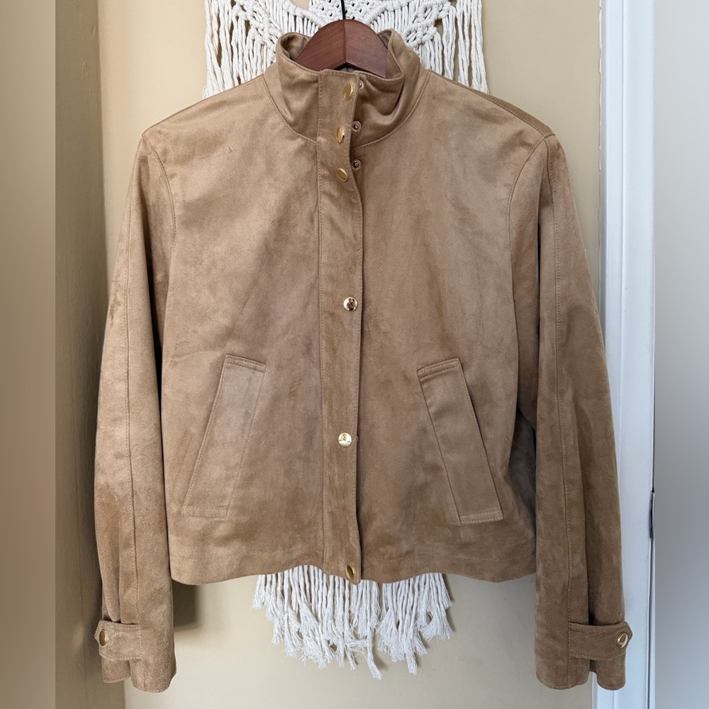 ZARA FAUX SUEDE HIGH COLLAR JACKET - XS | TAUPE BROWN